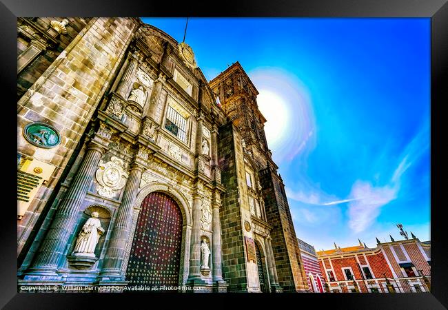 Sun Facade Outside Puebla Cathedral Mexico Framed Print by William Perry