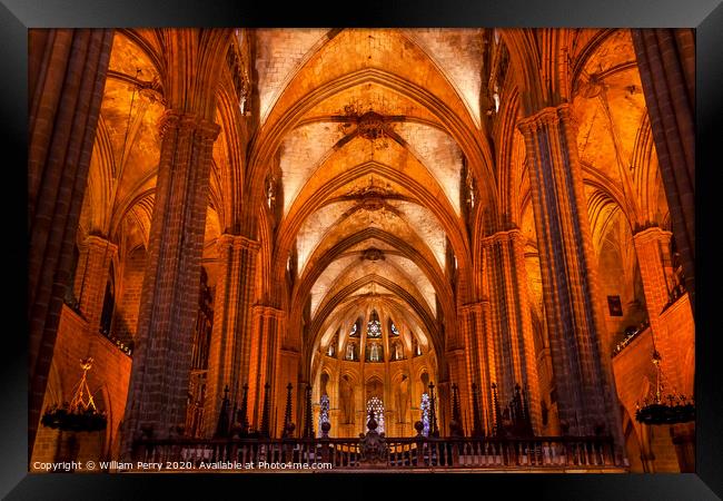 Gothic Catholic Barcelona Cathedral Basilica Stone Columns Catalonia Spain Framed Print by William Perry