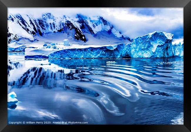Snow Mountains Blue Glaciers Refection Dorian Bay Antarctica Framed Print by William Perry