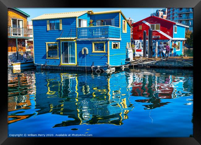 Floating Home Village Blue Red Houseboats Fisherman's Wharf Victoria Canada Framed Print by William Perry