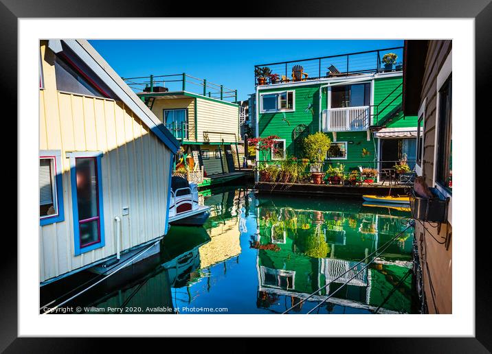 Green Brown Houseboats Victoria Canada Framed Mounted Print by William Perry