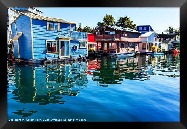Blue Red  Brown Houseboats Victoria Canada Framed Print by William Perry
