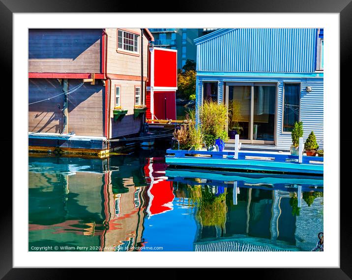 Floating Home Village Red Blue Brown Houseboats Victoria Canada Framed Mounted Print by William Perry