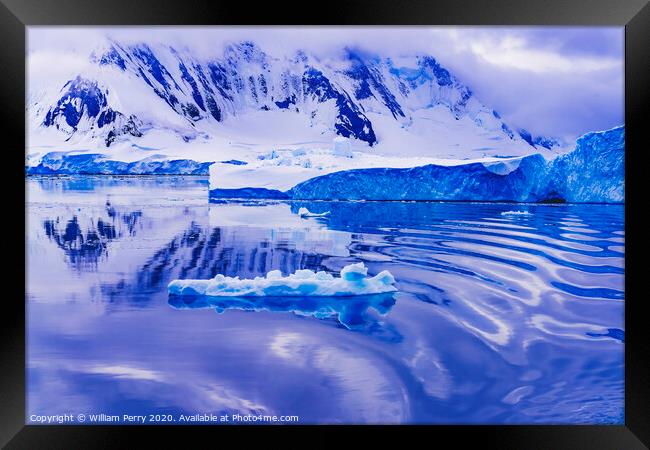 Snow Mountains Blue Glaciers Refection Dorian Bay Antarctica Framed Print by William Perry