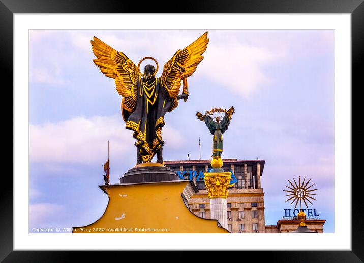Laches Gate Saint Michael Statue Berehynia  Statue Kiev Ukraine Framed Mounted Print by William Perry