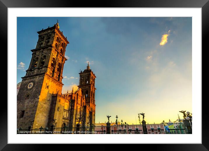 Facade Angels Outside Sunset Puebla Cathedral Mexico Framed Mounted Print by William Perry