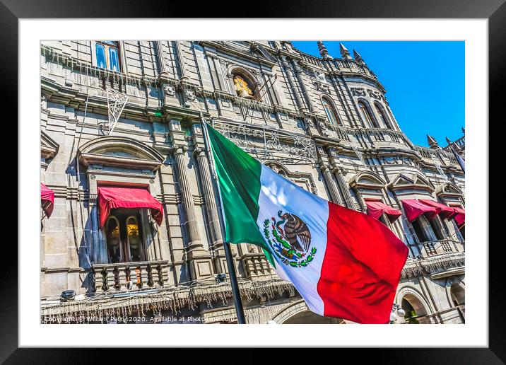 Mexican Flag Major Shopping Street Zocalo Puebla Mexico Framed Mounted Print by William Perry