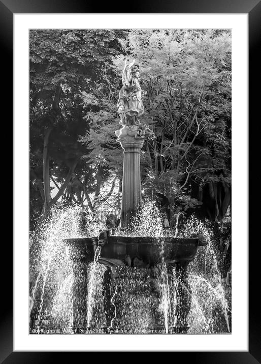 Black and White Arcangel Fountain Zocalo Park Plaza Puebla Mexic Framed Mounted Print by William Perry