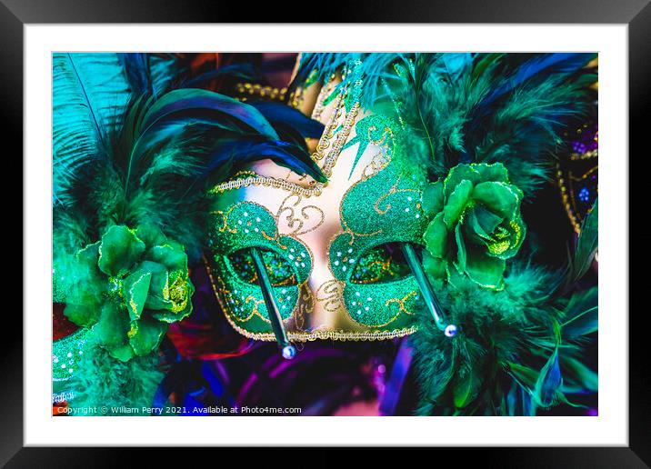 Colorful Green Mask Feathers Mardi Gras New Orleans Louisiana Framed Mounted Print by William Perry