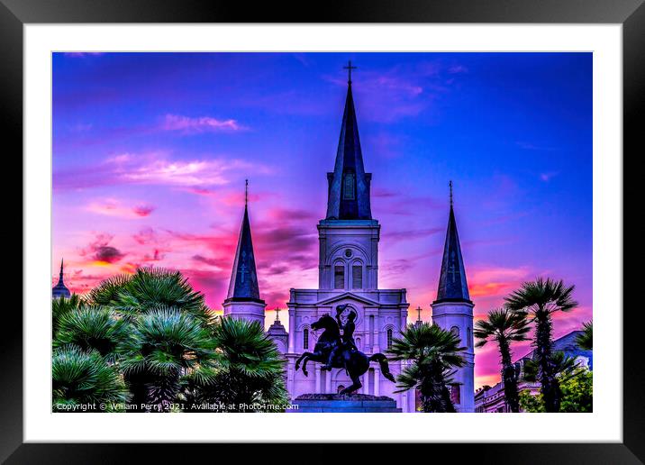 Sunset Andrew Jackson Statue St Louis Cathedral New Orleans Loui Framed Mounted Print by William Perry