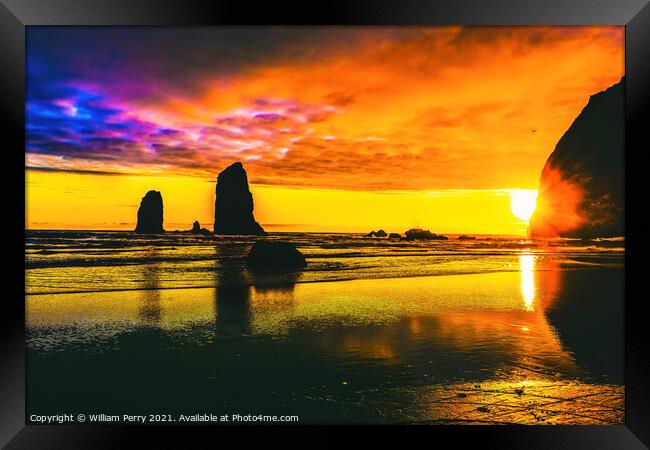 Colorful Sunset Haystack Rock Sea Stacks Canon Beach Oregon Framed Print by William Perry