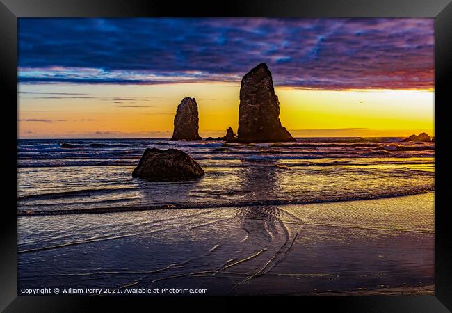 Colorful Sunset Sea Stacks Canon Beach Oregon Framed Print by William Perry
