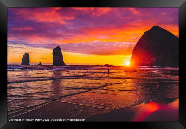 Colorful Sunset Dancing Sun Haystack Rock Sea Stacks Canon Beach Framed Print by William Perry