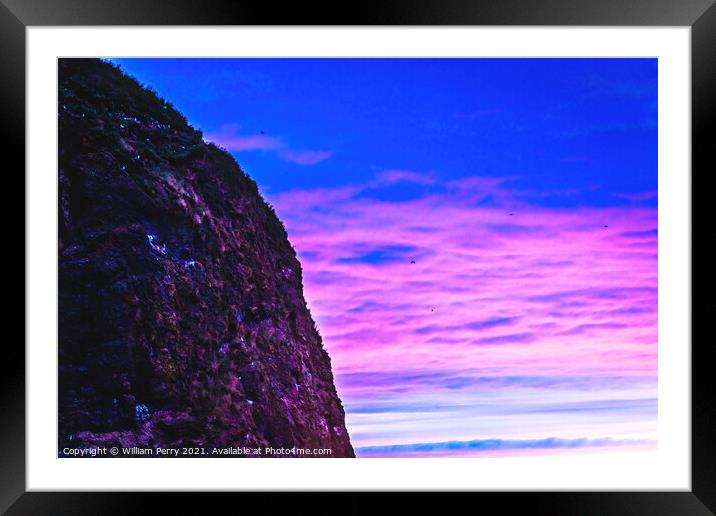 Colorful Sunset Sea Birds Haystack Rock Canon Beach Oregon Framed Mounted Print by William Perry