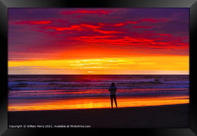 Meditation Watching Colorful Sunset Ocean Canon Beach Oregon Framed Print by William Perry