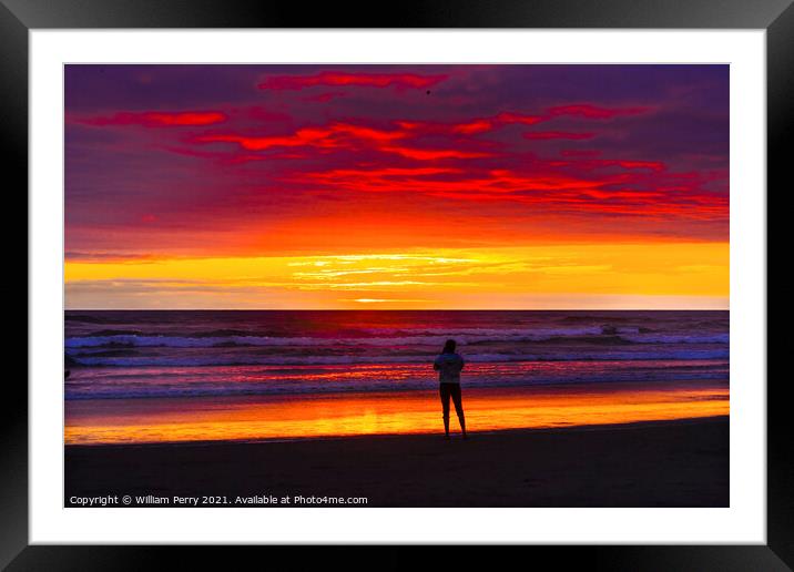 Meditation Watching Colorful Sunset Ocean Canon Beach Oregon Framed Mounted Print by William Perry