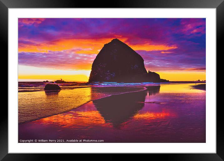 Colorful Sunset Haystack Rock Canon Beach Oregon Framed Mounted Print by William Perry