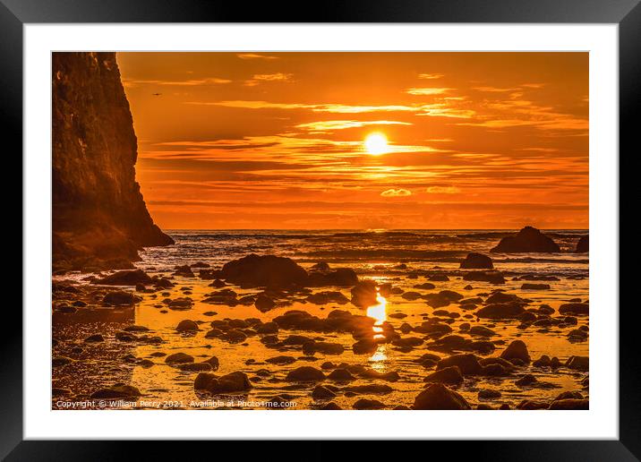 Colorful Sunset Low Tide Pool Canon Beach Oregon Framed Mounted Print by William Perry