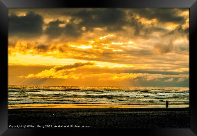 Walking Colorful Sunset Ocean Canon Beach Oregon Framed Print by William Perry