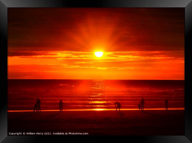 Colorful Sunset Tourists Ocean Canon Beach Oregon Framed Print by William Perry