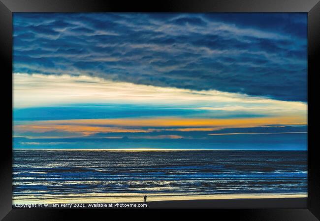 Colorful Sunset Tourist Watching Ocean Canon Beach Oregon Framed Print by William Perry