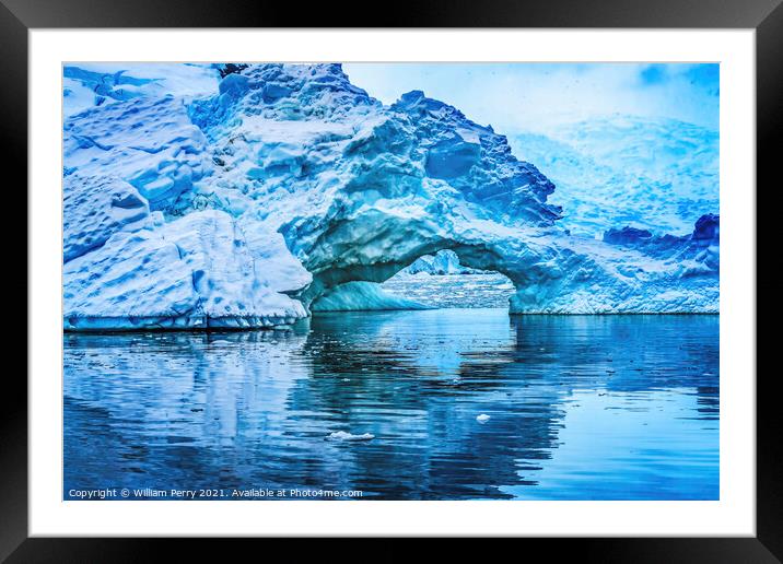 Snowing Blue Iceberg Arch Paradise Bay Antarctica Framed Mounted Print by William Perry