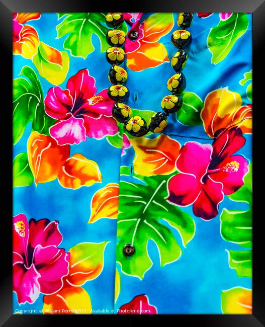 Colorful Hawaiian Red Hibiscus Blue Shirt Maui Hawaii Framed Print by William Perry