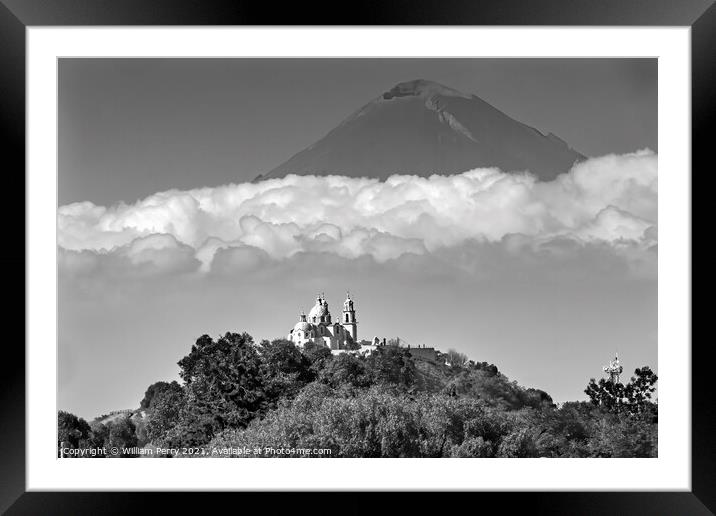 Black White Our Lady Remedies Church Volcano Cholulu Puebla Mexi Framed Mounted Print by William Perry