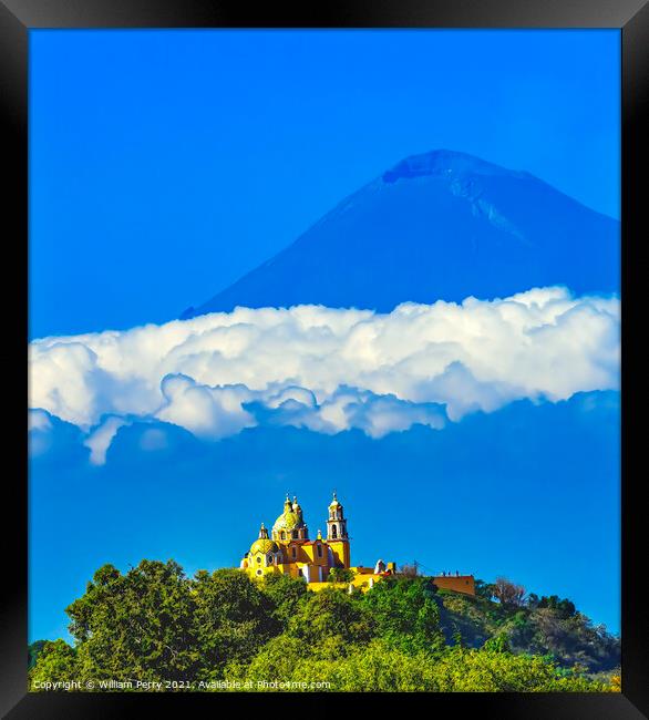 Colorful Yellow Our Lady of Remedies Church Volcano Cholulu Mexi Framed Print by William Perry