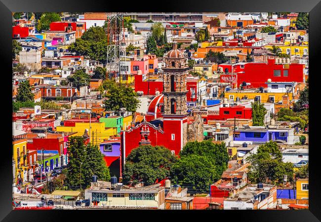 Overlook Colorful Red Church Cityscape Cholula Mexico Framed Print by William Perry