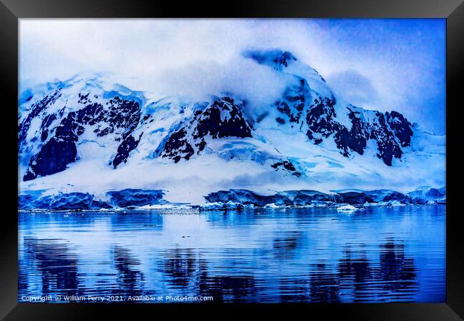 Blue Glacier Snow Mountains Reflection Paradise Bay Antarctica Framed Print by William Perry