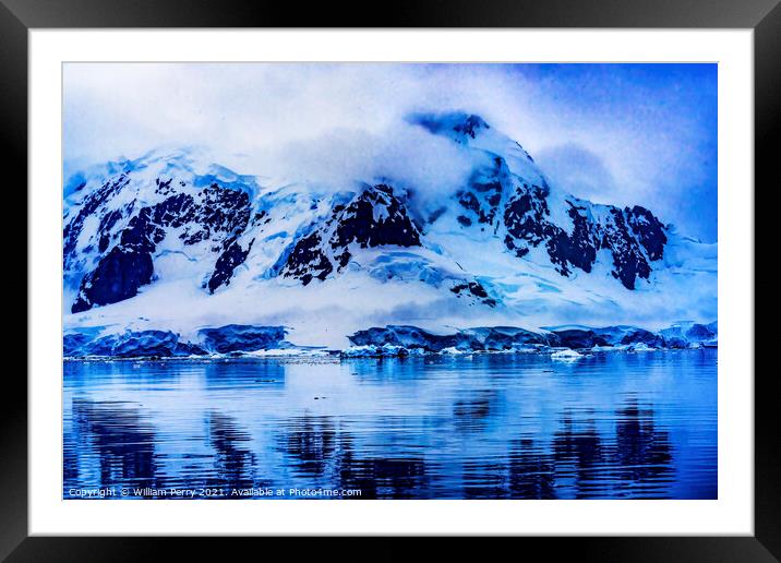 Blue Glacier Snow Mountains Reflection Paradise Bay Antarctica Framed Mounted Print by William Perry
