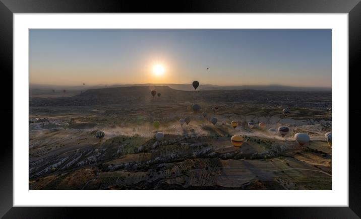 Panoramic view of bunch of colorful hot air balloon flying again Framed Mounted Print by Arpan Bhatia
