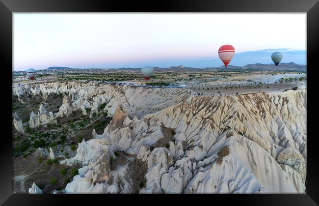 Wide angle view of hot air balloons against unique geological fo Framed Print by Arpan Bhatia