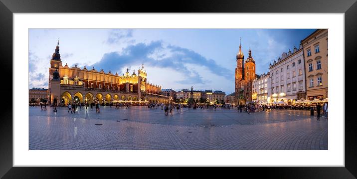 A panorama picture of Krakow`s Main Square Rynek Główny featuring the Cloth Hall, St. Mary`s Basilica and the Town Hall Tower Framed Mounted Print by Arpan Bhatia