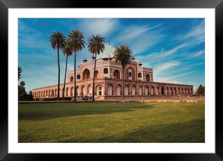 Humayun tomb behind palm tree and dramatic blue sk Framed Mounted Print by Arpan Bhatia