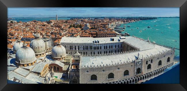 Venice, Italy: Panorama wide angle aerial drone shot of Venice city by the mediterranean sea. Venezia or Venice cityscape from above Framed Print by Arpan Bhatia