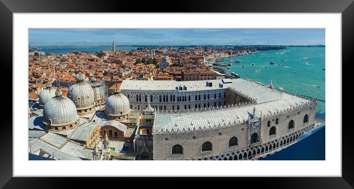 Venice, Italy: Panorama wide angle aerial drone shot of Venice city by the mediterranean sea. Venezia or Venice cityscape from above Framed Mounted Print by Arpan Bhatia