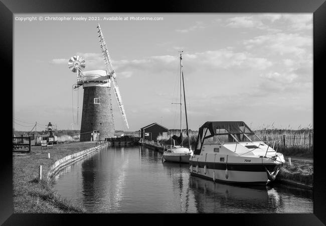 Black and white Horsey Windpump Framed Print by Christopher Keeley