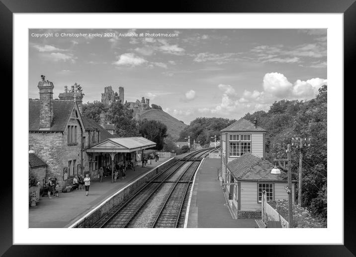 Monochrome Corfe Castle railway station Framed Mounted Print by Christopher Keeley
