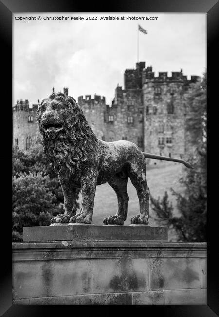Alnwick Castle lion statue in black and white Framed Print by Christopher Keeley