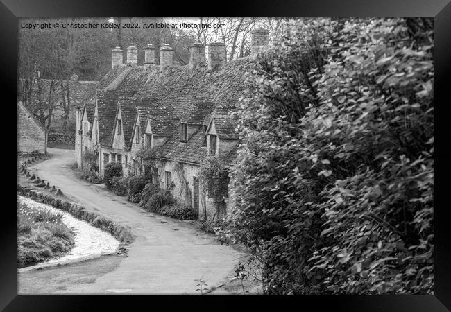 Arlington Row, Bibury, in black and white Framed Print by Christopher Keeley