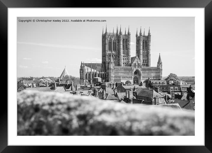 Lincoln Cathedral from the castle walls - black and white Framed Mounted Print by Christopher Keeley