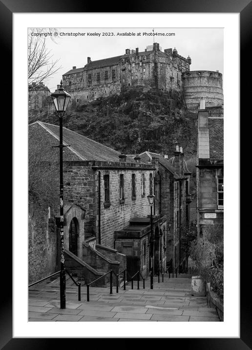 Edinburgh Castle from The Vennel in monochrome Framed Mounted Print by Christopher Keeley