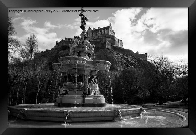 Ross Fountain and Edinburgh Castle in black and white Framed Print by Christopher Keeley