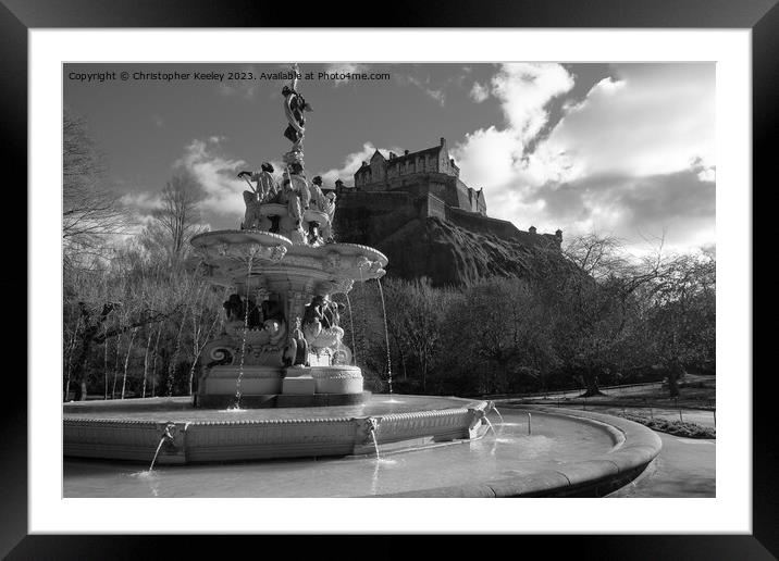 Edinburgh Castle and Ross Fountain in monochrome Framed Mounted Print by Christopher Keeley