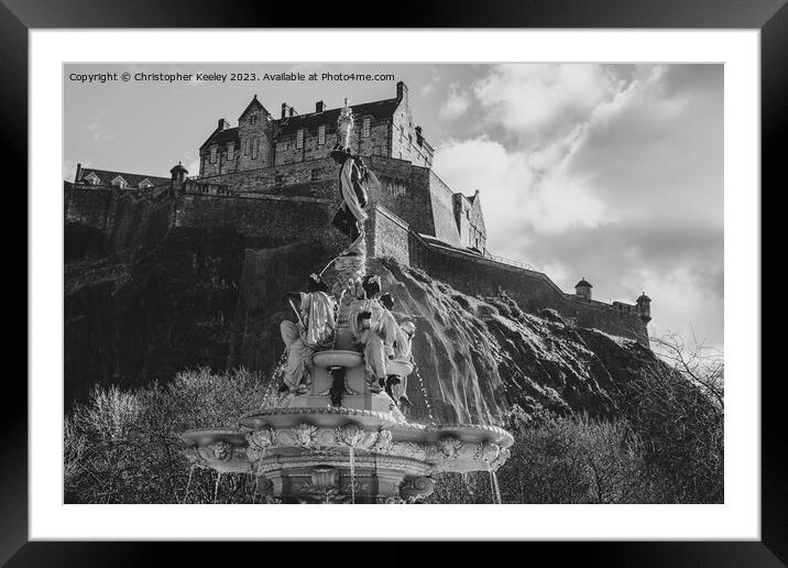 Edinburgh Castle and Ross Fountain views in black and white Framed Mounted Print by Christopher Keeley