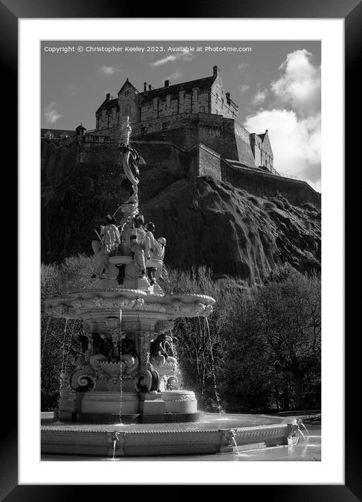 Fountain and Edinburgh Castle in black and white Framed Mounted Print by Christopher Keeley