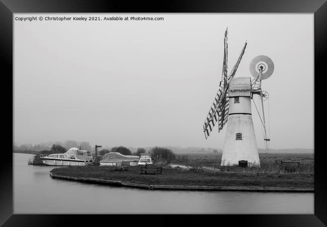 Black and white Thurne Mill Framed Print by Christopher Keeley