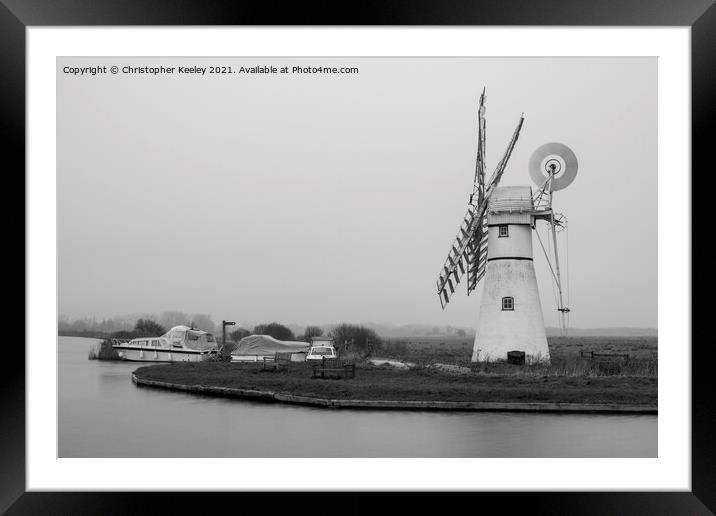 Black and white Thurne Mill Framed Mounted Print by Christopher Keeley